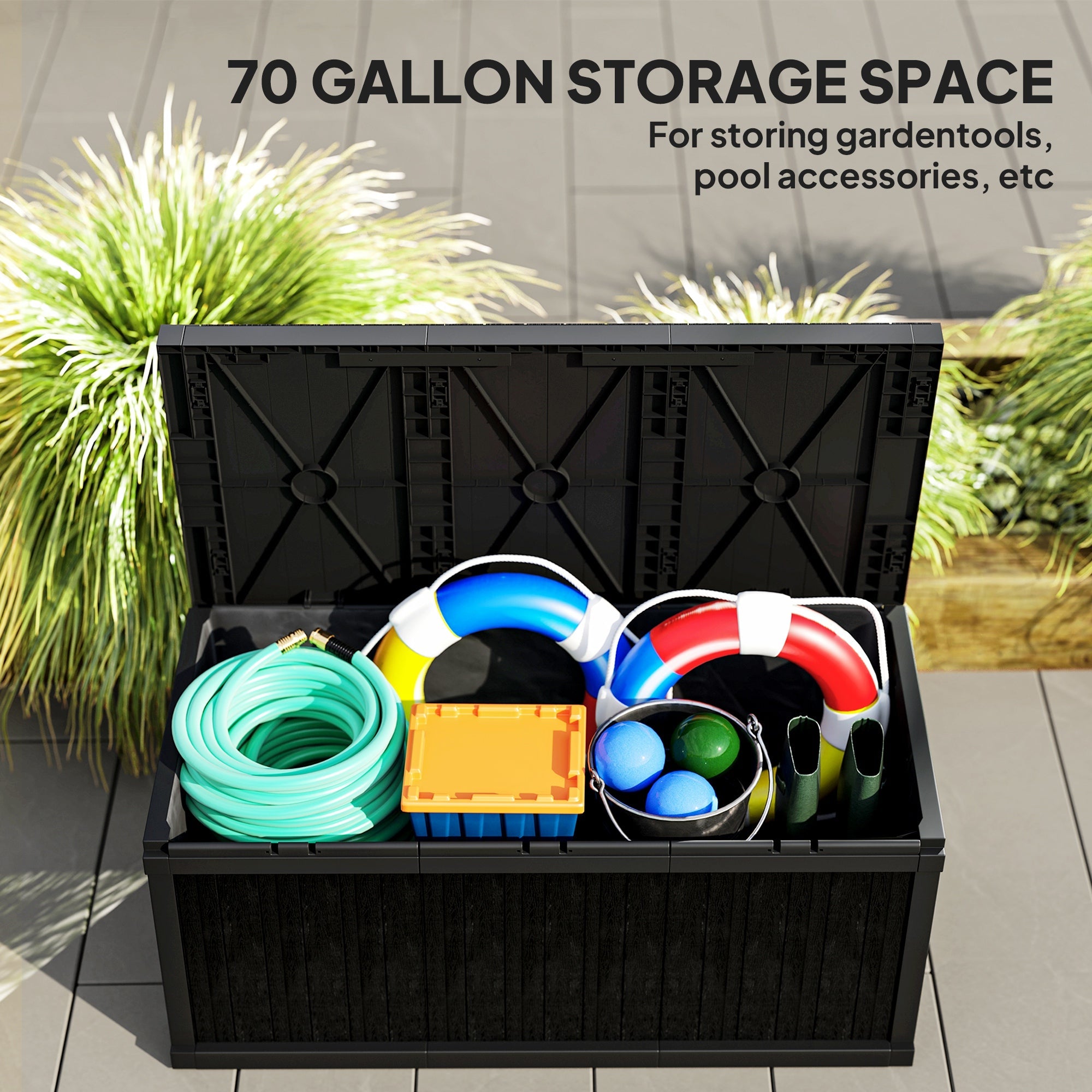 Outsunny 70 Gallon Deck Box, Resin Outdoor Storage Box with Handles, Waterproof Storage Container for Garden Tools, Black