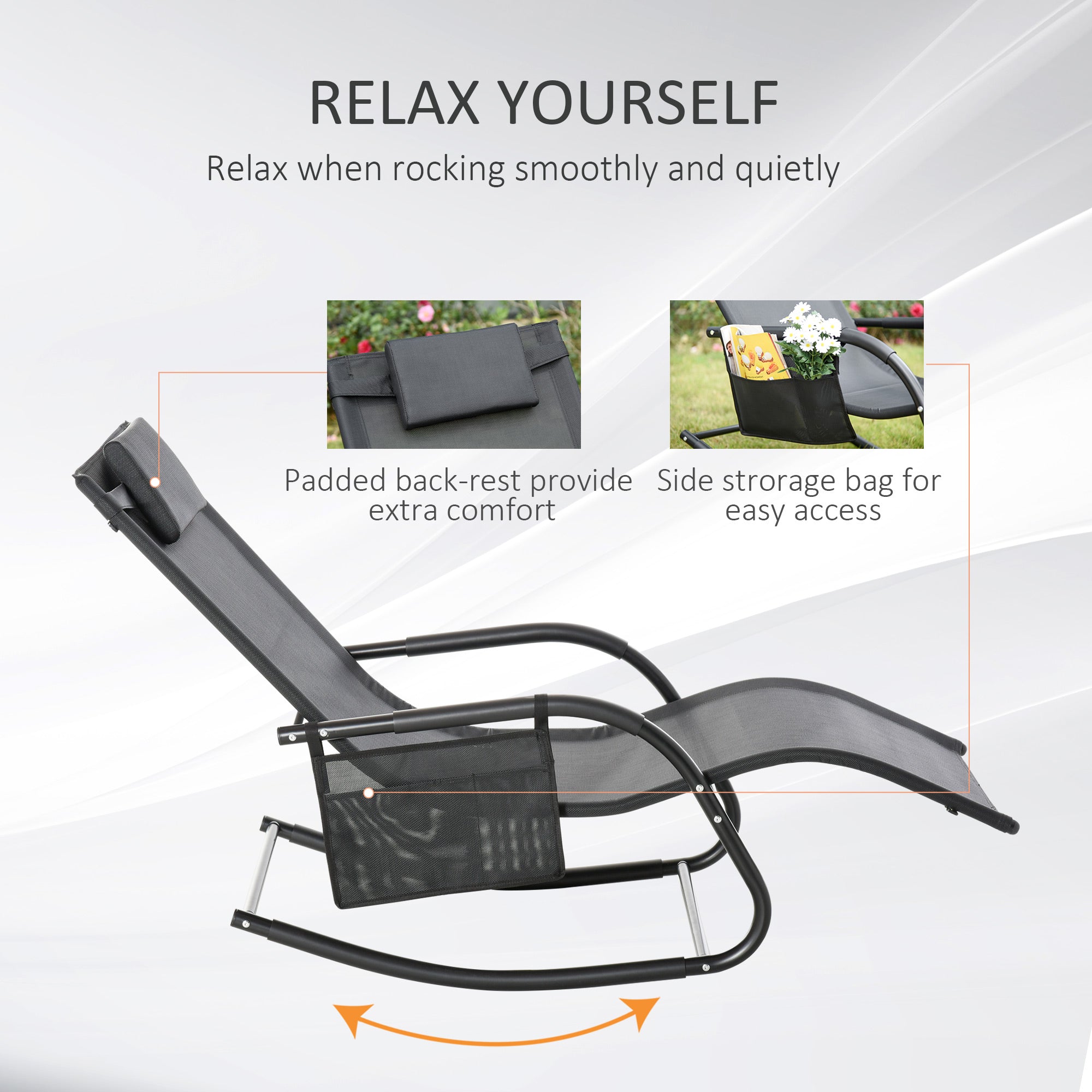 Outsunny Outdoor Rocking Recliner Sling Sun Lounger with Removable Headrest and Side Pocket for Garden Patio Deck Black