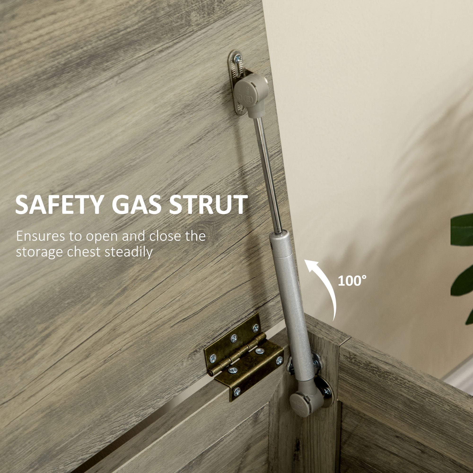 HOMCOM Storage Trunk Box Organizer with Farmhouse Panel, Safety Hinge to Open Up 100°, Grey Wood Grain