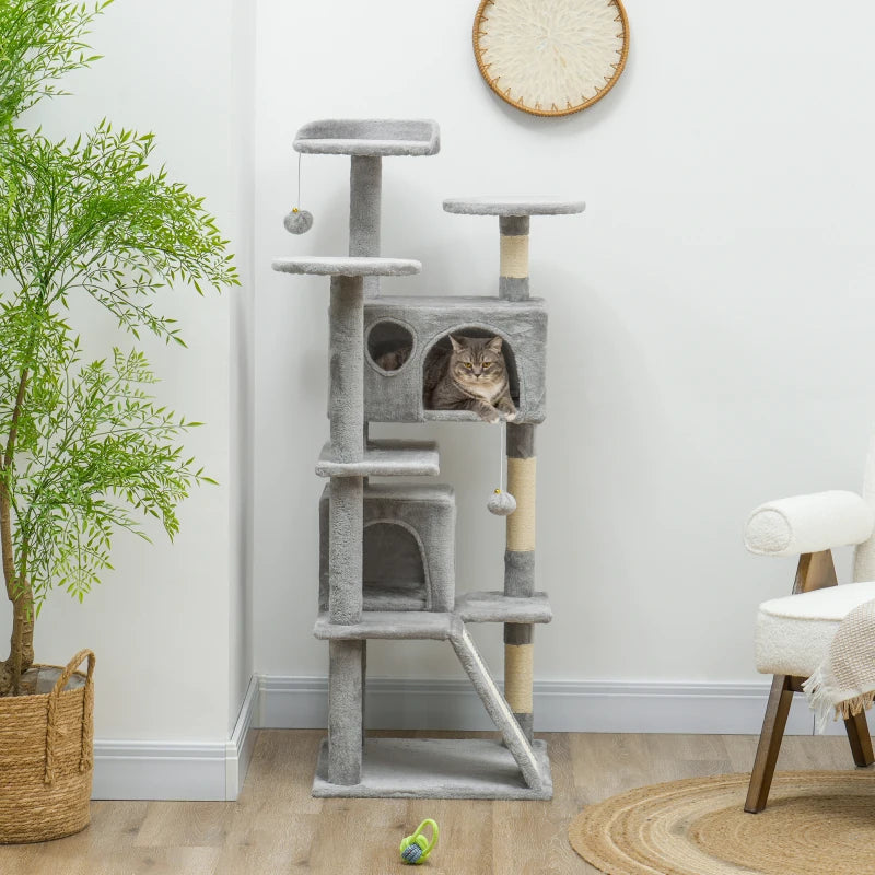 54" Cat Tree, Multi-Level Cat Tower with Scratching Posts, Cat Condos, Bed, Platforms, Ramp, Toy Ball, Light Grey
