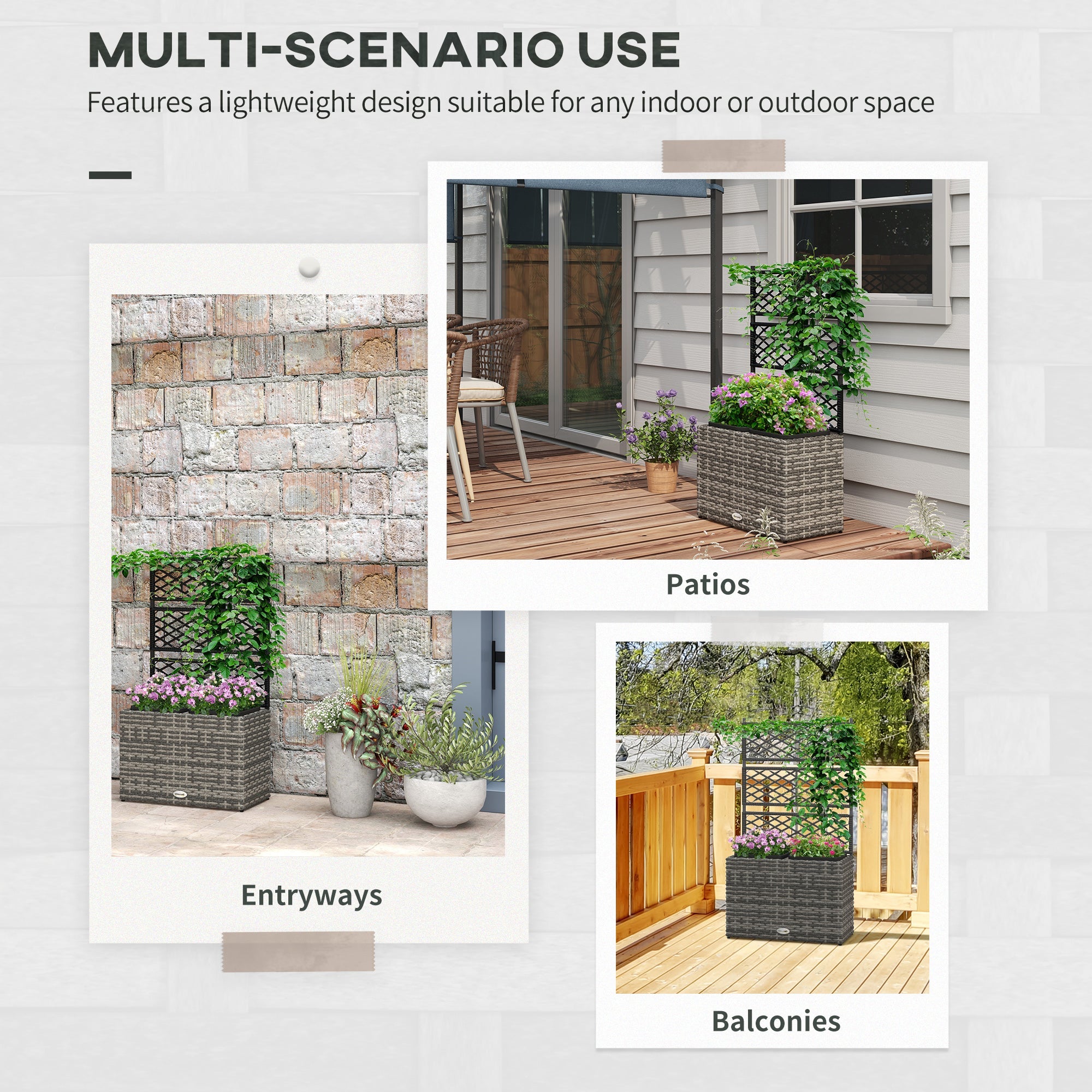 Outsunny Raised Garden Box 22L with Trellis PE Rattan Free Standing Planter for Climbing Plants Mixed Grey