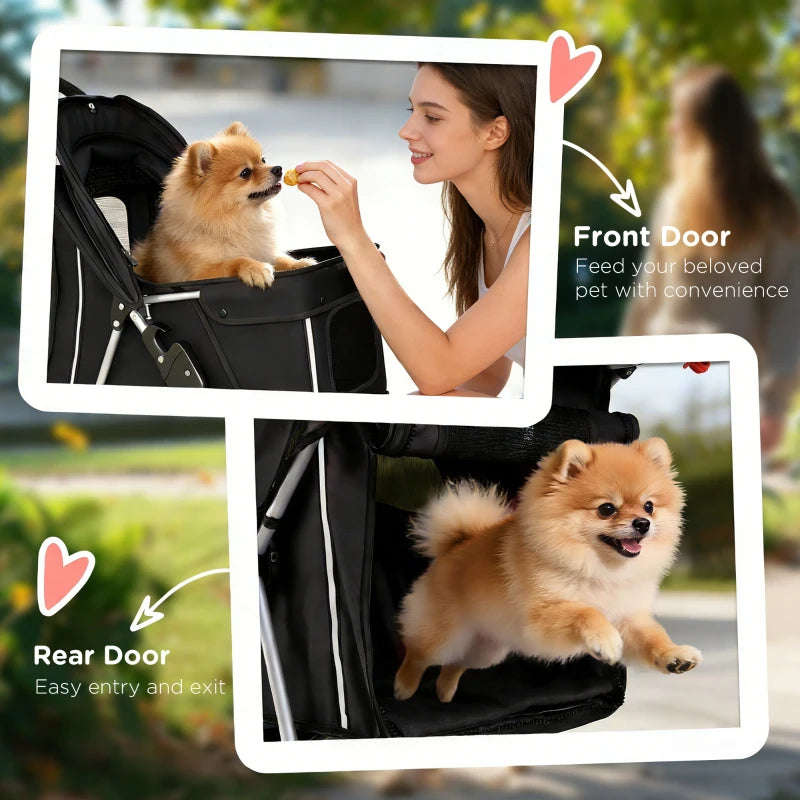 Pet Stroller with Reflective Strips, Foldable Cat Stroller with 360° Swivel Wheels for Small Dogs and Cats, Black