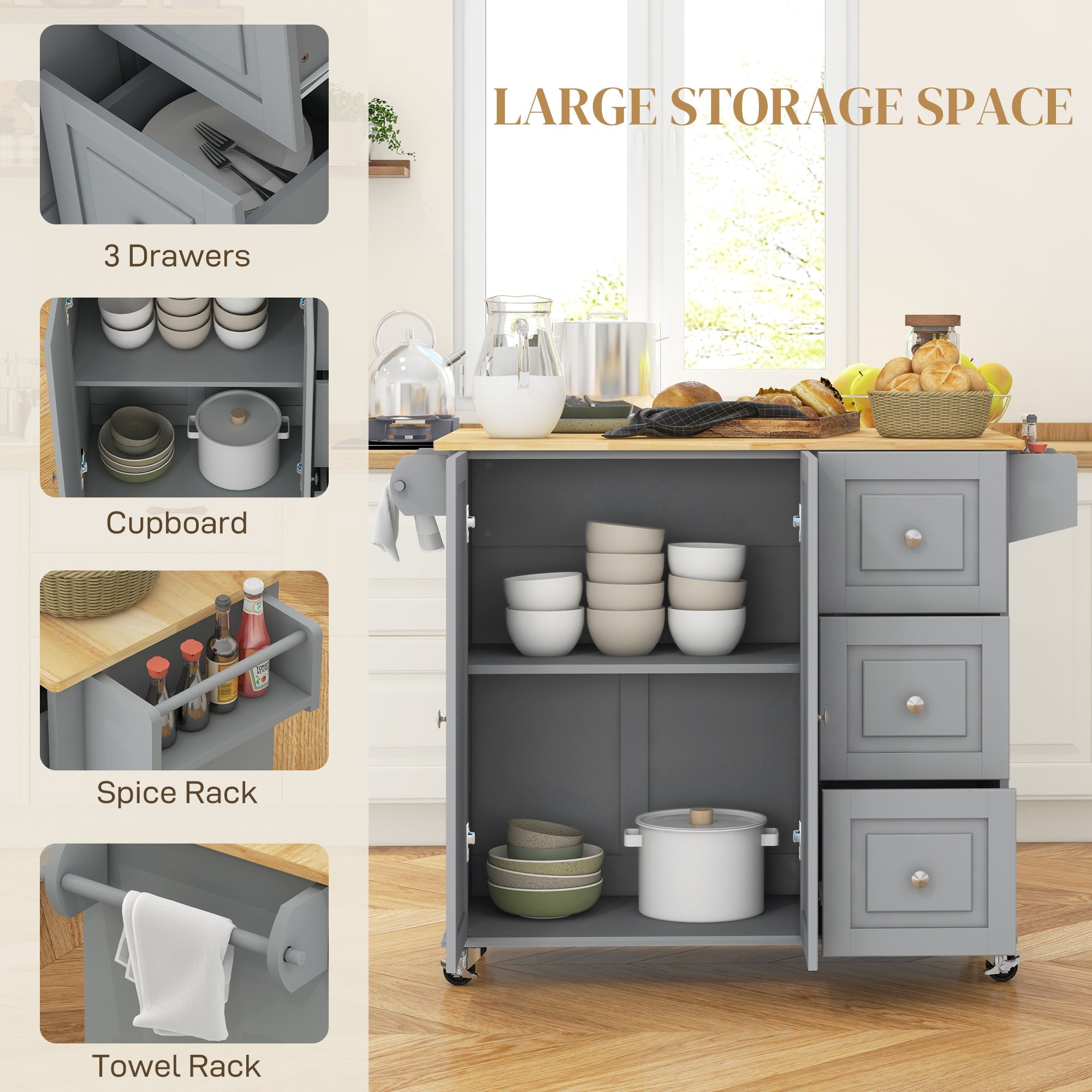 HOMCOM Kitchen Island on Wheels, Kitchen Cart with Drop Leaf, Drawers, Grey
