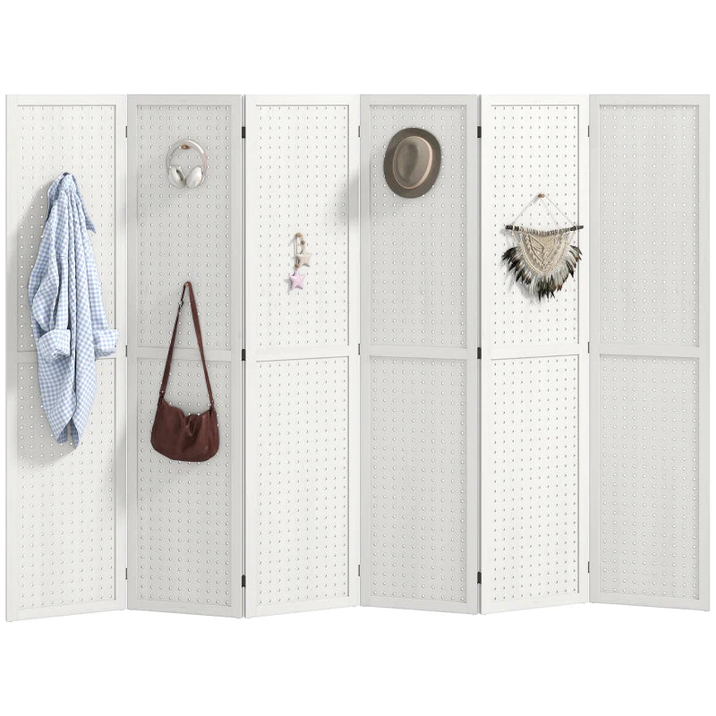 5.6 Ft. Tall 6-Panel Room Divider, Pegboard Panel Folding Privacy Screen, Partition Wall Divider for Bedroom, White