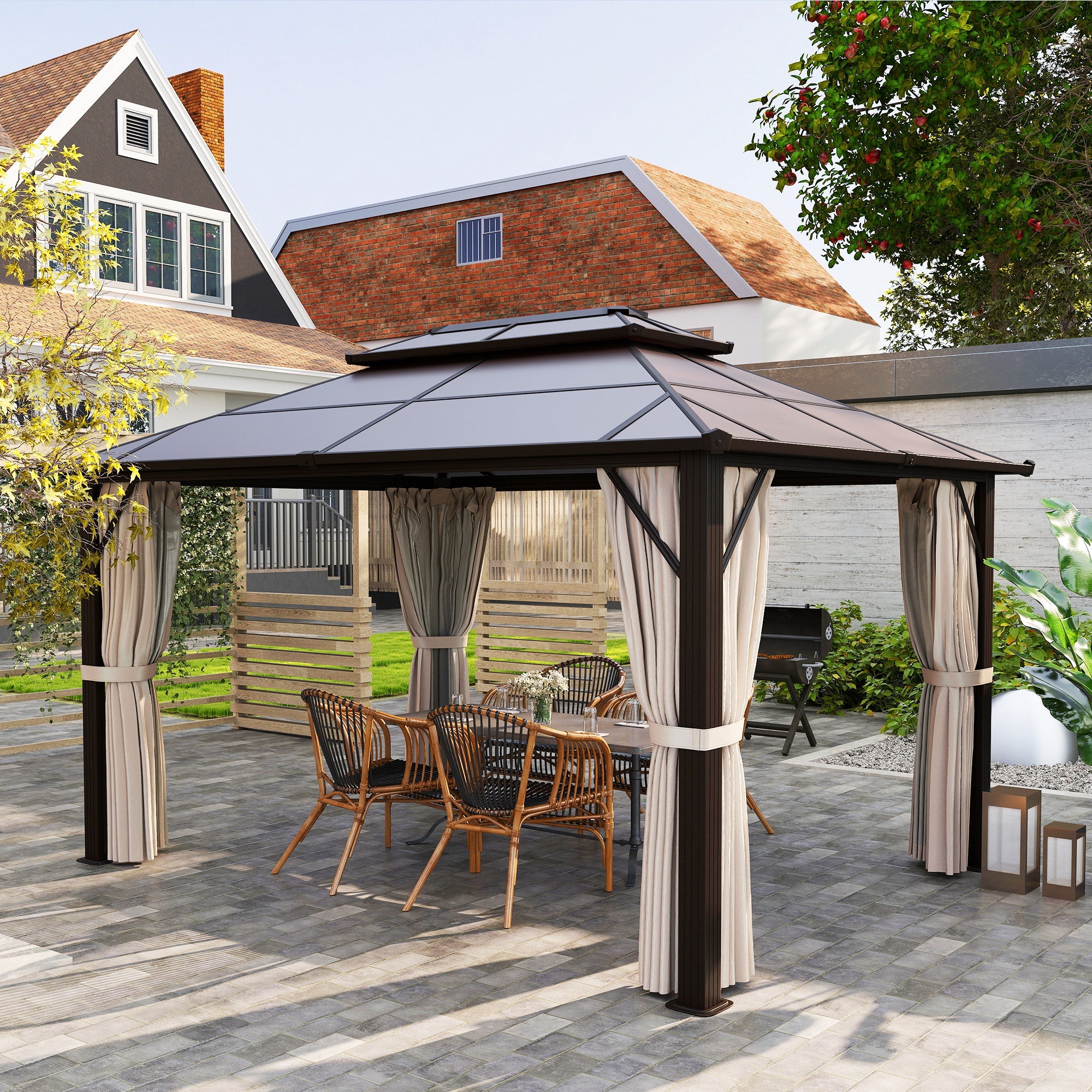 Outsunny 10' x 13' Hardtop Gazebo Canopy with UPF30+ Double Polycarbonate Roof, Aluminum Frame, Netting and Curtains, Beige