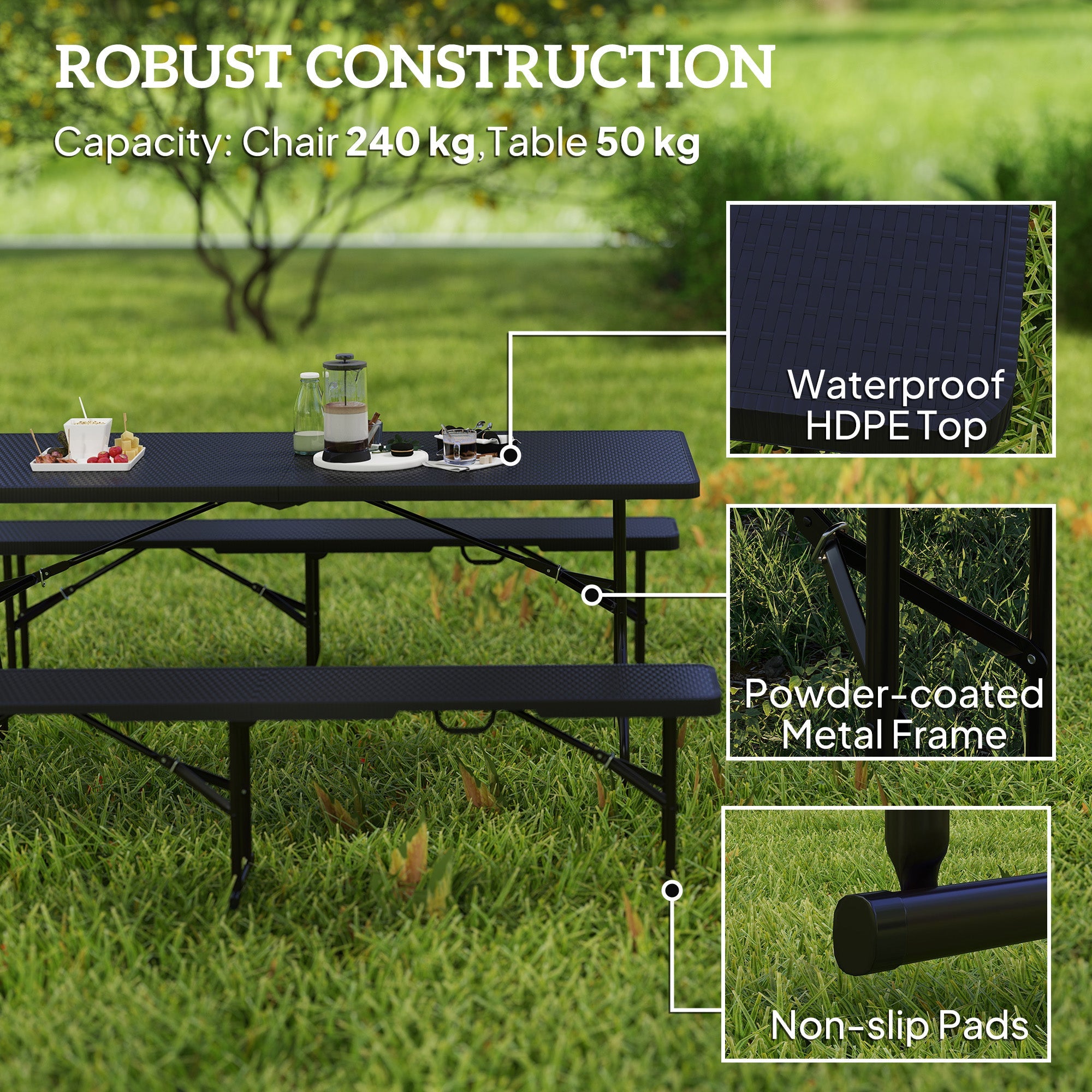 Outsunny 6FT 3PCS Faux Rattan Outdoor Camping Table Bench Set with Carrying Handles, Folding Picnic Table with 2 Benches, Black