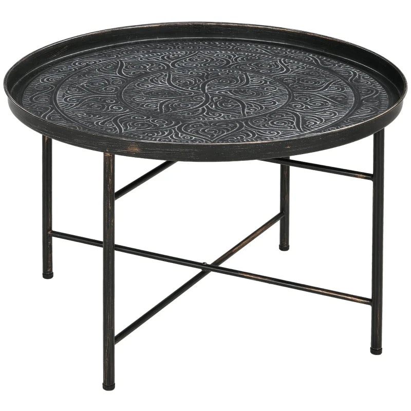 Vintage Coffee Table for Living Room, 24" Round Center Table with Hammered Tray Top and Metal Frame, Pewter