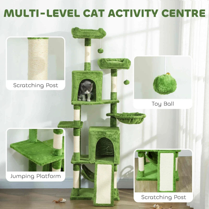 Cat Tree, 70" Multi-Level Cat Tower with 2 Condos, 2 Perches, Hammock, Toy Balls, Scratching Posts and Board, Green