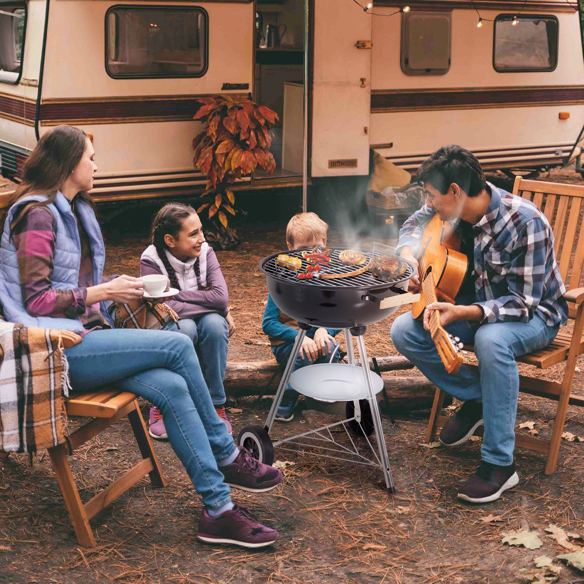 Outsunny Steel Portable Charcoal BBQ Grill Outdoor Camp Cooker with Lid Vents Wheels Storage Shelf Black