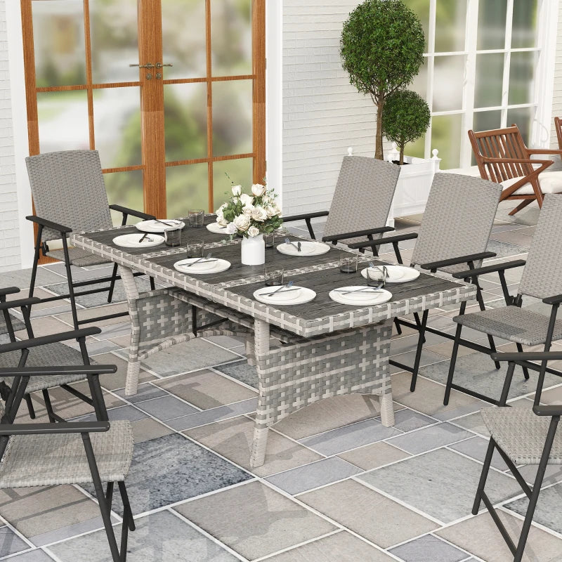 75" Outdoor Dining Table for 6-8, Wicker Patio Table with Storage Shelf and WPC Slatted Top for Balcony, Grey