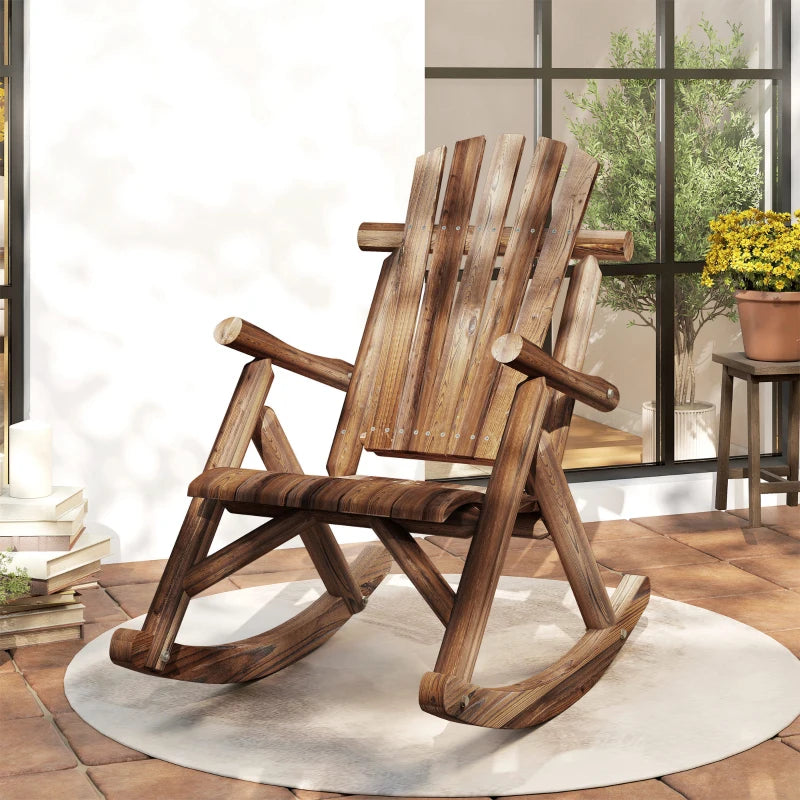 Wooden Outdoor Rocking Chair, Oversized Adirondack Patio Rocker with High Back and Slatted Seat, Carbonized