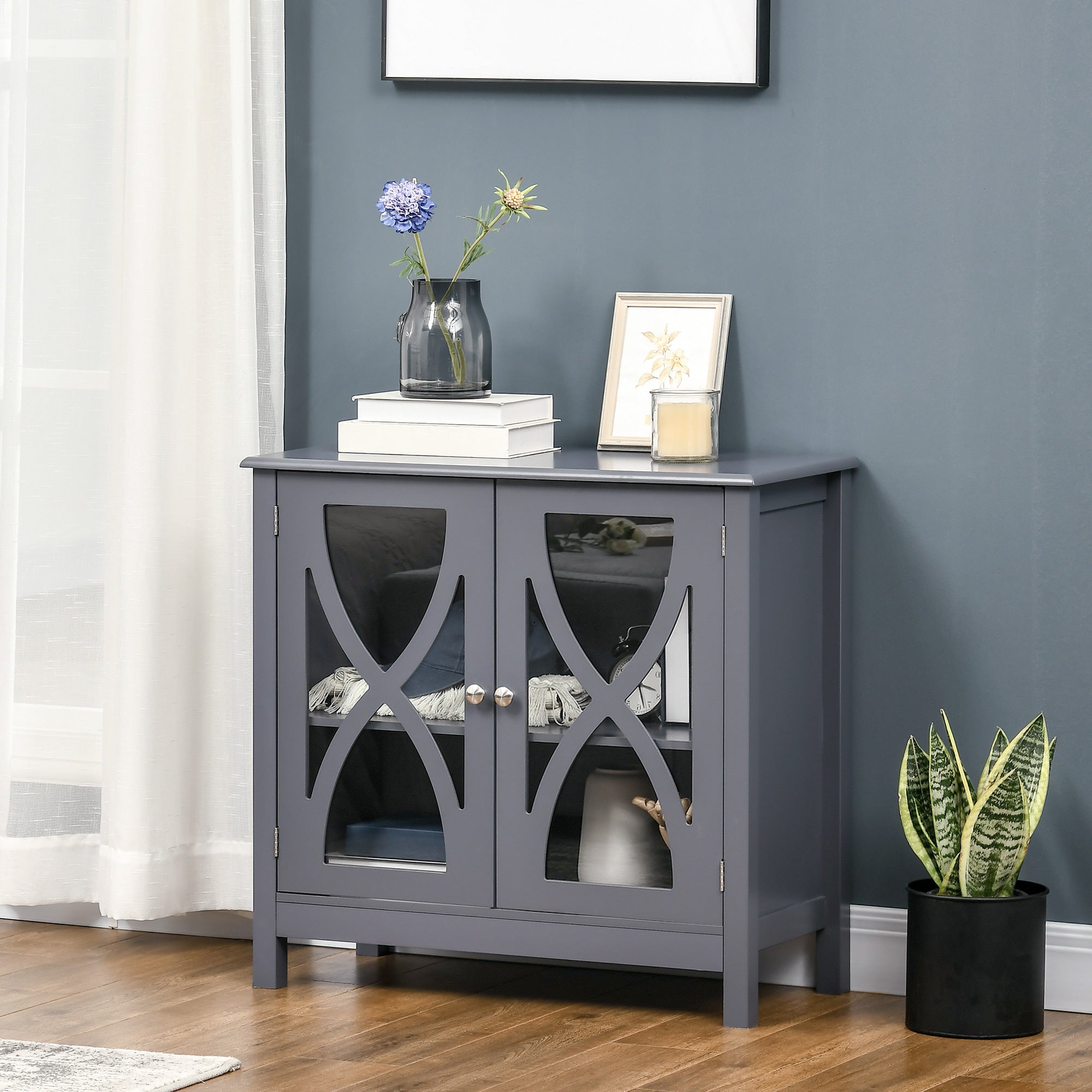 HOMCOM Dining Delight: Kitchen Sideboard w/ Glass Door, Buffet Cabinet, Accent Cupboard, Adjustable Shelf for Dining Living Room, Grey