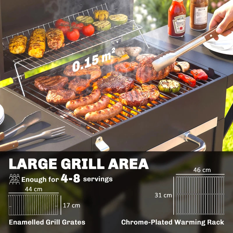 Charcoal Grill with 2 Side Tables, Barbecue Grill with Thermometer and Warming Rack, Wheels, 43.3"x18.3"x39.8", Black