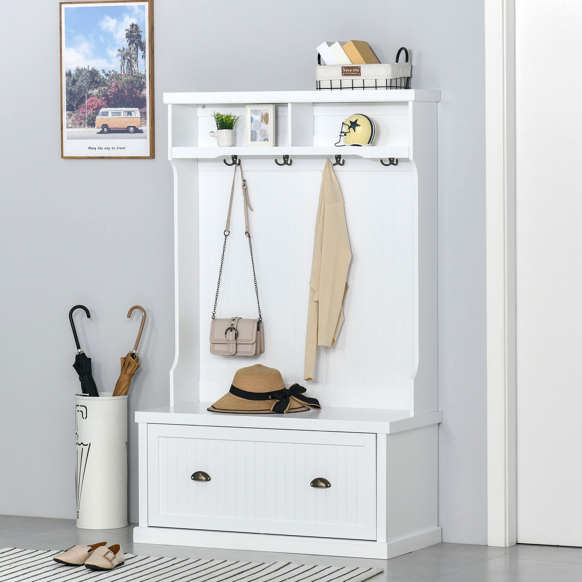 HOMCOM 3-in-1 Entryway Elegance: Modern Hall Tree Coat Rack with Shoe Storage Bench and Hooks for Bedroom, White Finish