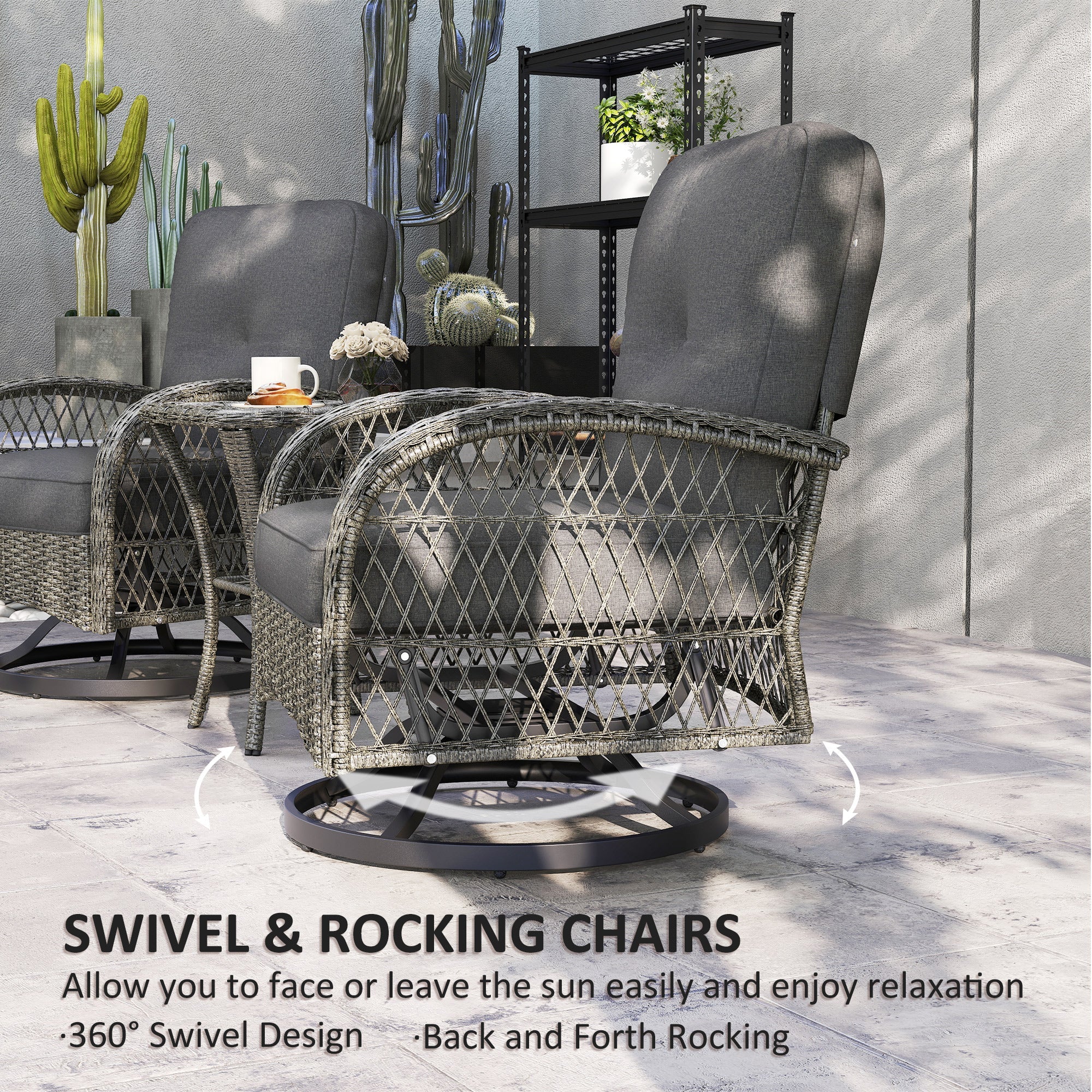 Outsunny Wicker Balcony Furniture with 2 Swivel Glider Chairs and 2-Tier Glass Coffee Table, 3 Piece Patio Set for Porch, Grey