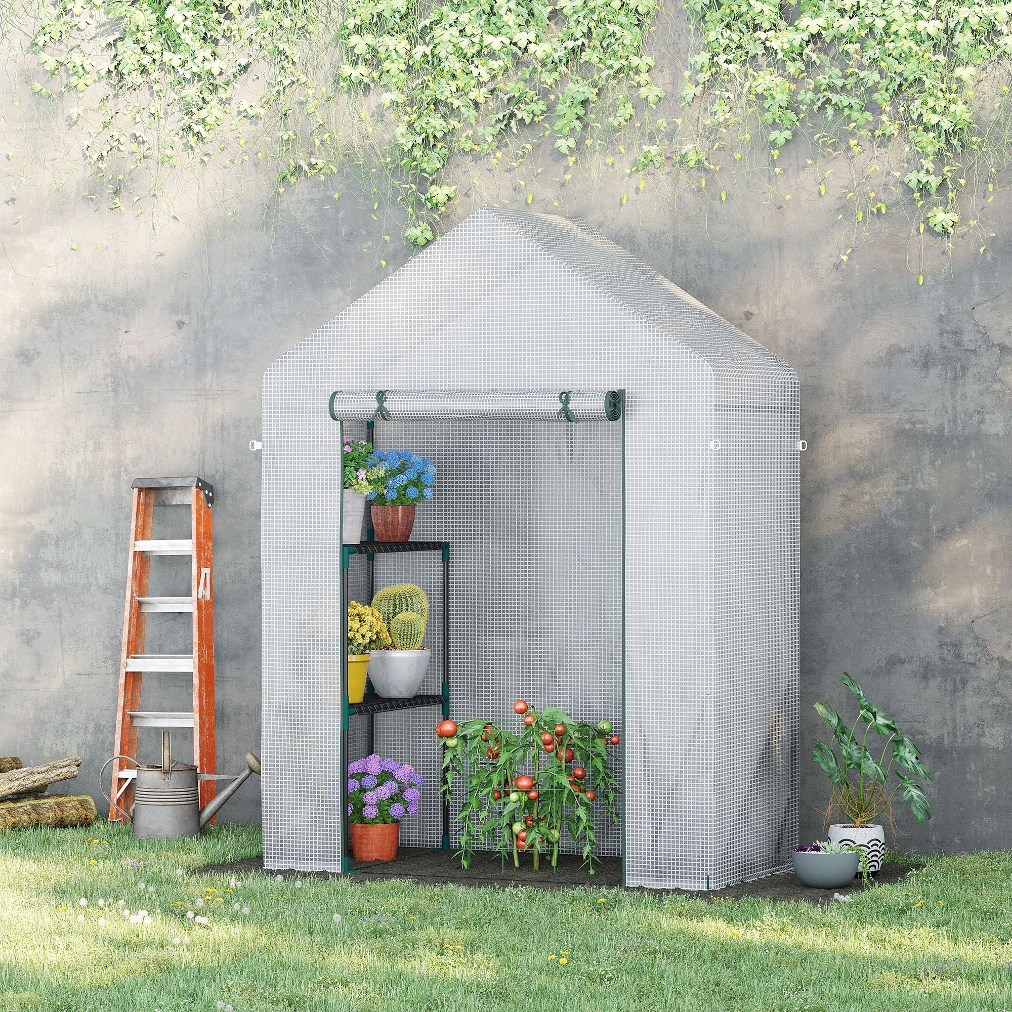 Outsunny 56"x29" Walk-in Greenhouse for Outdoor, Portable Gardening Plant Hot House with 2-Tier Shelf, Roll-Up Zippered Door, PE Cover