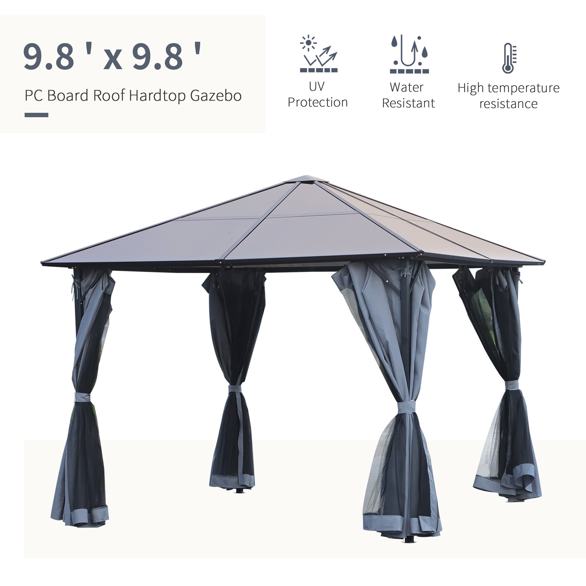 Outsunny 9.8'x9.8' Aluminium Garden Gazebo with Hardtop Roof Marquee Party Tent Outdoor Shelter Grey