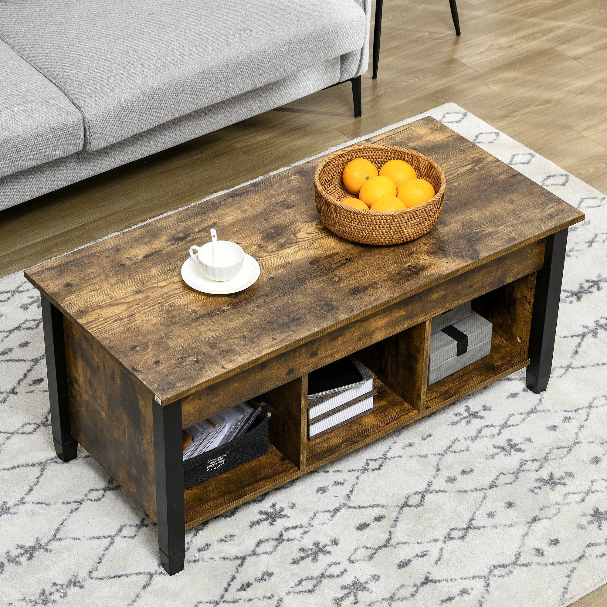 HOMCOM Rustic Lift-Top Retreat: Coffee Table with Hidden Storage, 3 Lower Shelves, Pop-Up Design in Brown Finish for Living Room