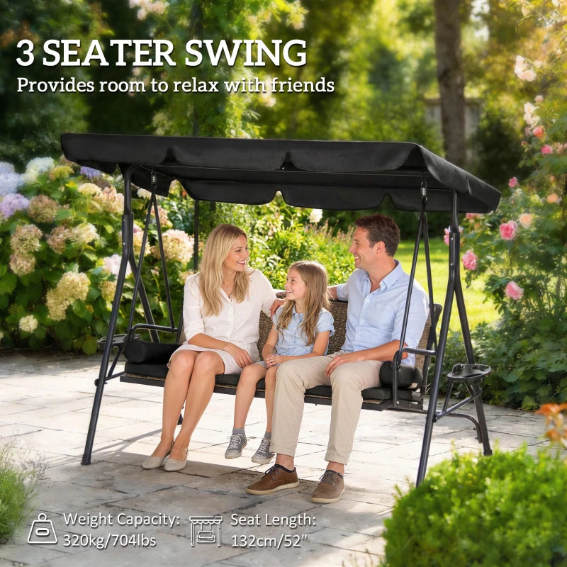 Outdoor 3-Seat Porch Swing with Canopy, Rattan Seat, Removable Cushion, Pillows and Steel Frame
