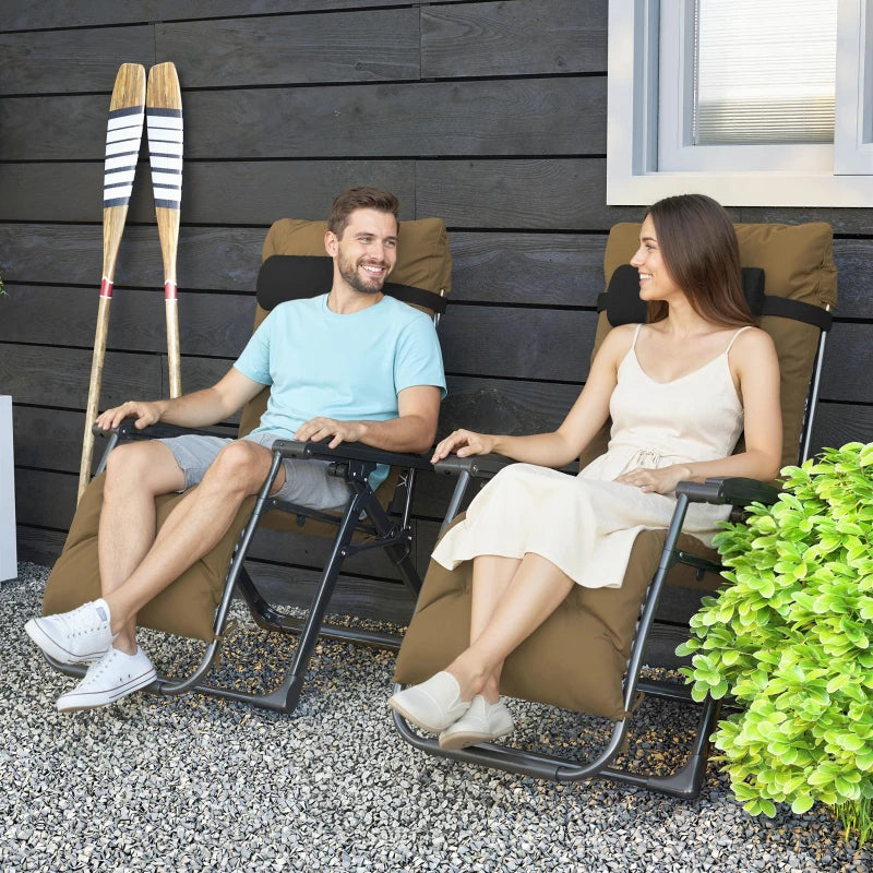 Folding Garden Chairs Set of 2, Reclining Zero Gravity Chair, Sun Lounger with Cushion and Headrest, Khaki