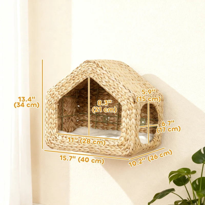 Cat Wall Shelf, Wall Mounted Cat House with Washable Cushion, Kitty Shelf Furniture for Indoor Kittens, Natural