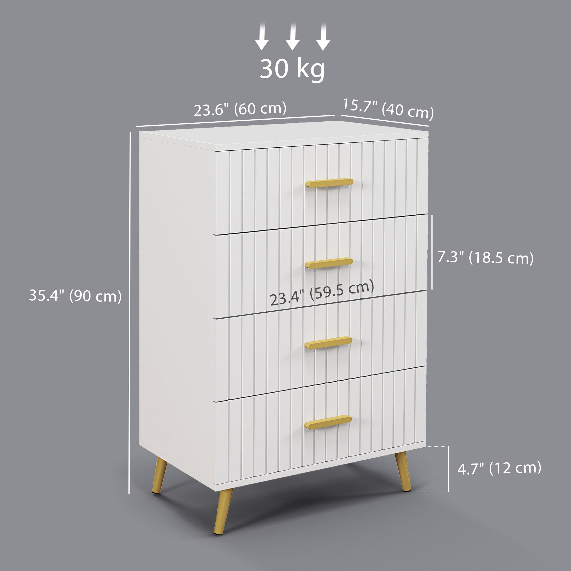HOMCOM 4 Drawer Cabinet, Drawer Chest for Bedroom, Chest of Drawers with Aluminium Legs and Gold Handles, White