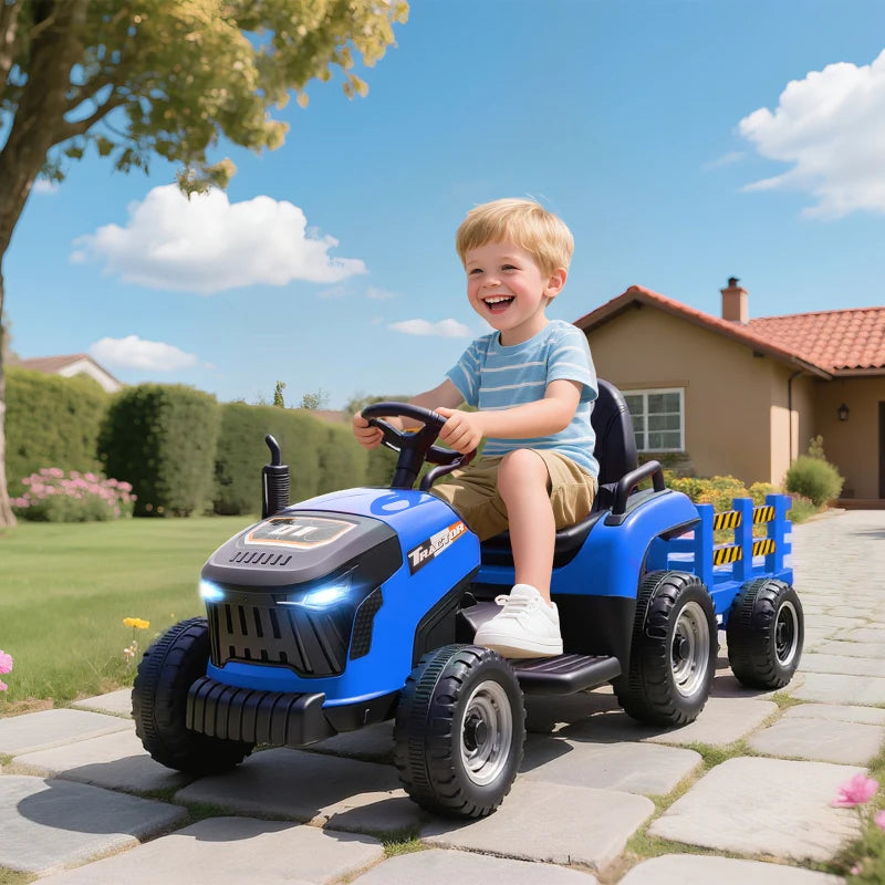 Qaba 12V Kids Ride On Tractor with Trailor, Remote Control, Music, Lights, Shifter, for Kids Ages 3-8 Years, Blue