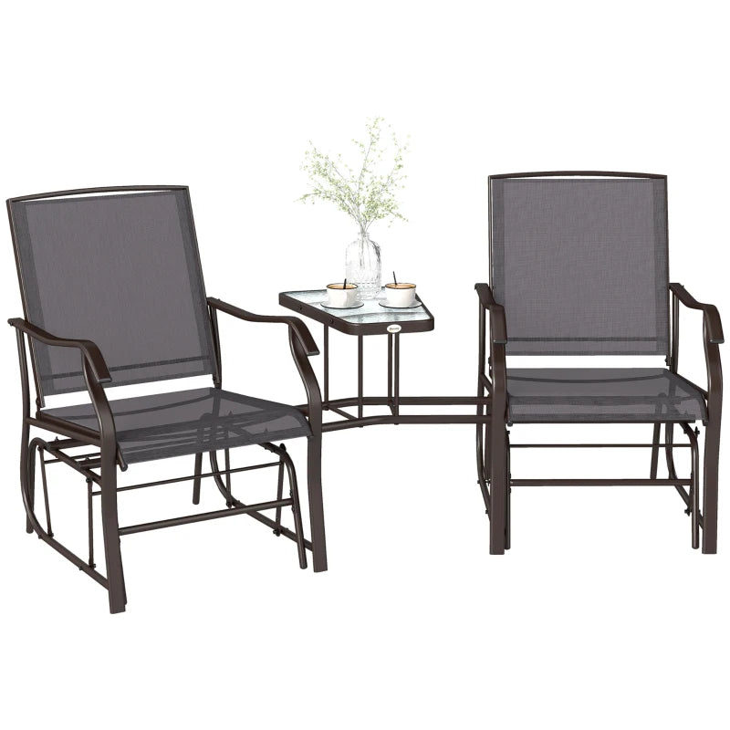 Double Patio Glider Chair with Glass Top Center Table, Outdoor Glider Loveseat with High Back, All Weather Breathable Mesh Fabric for Garden, Backyard, Deck, Grey