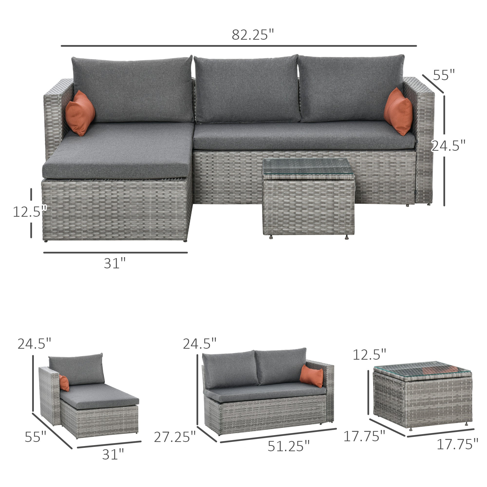 Outsunny 3 Piece Wicker Patio Furniture Set Outdoor Sectional Conversation Couch with Cushions Table Grey