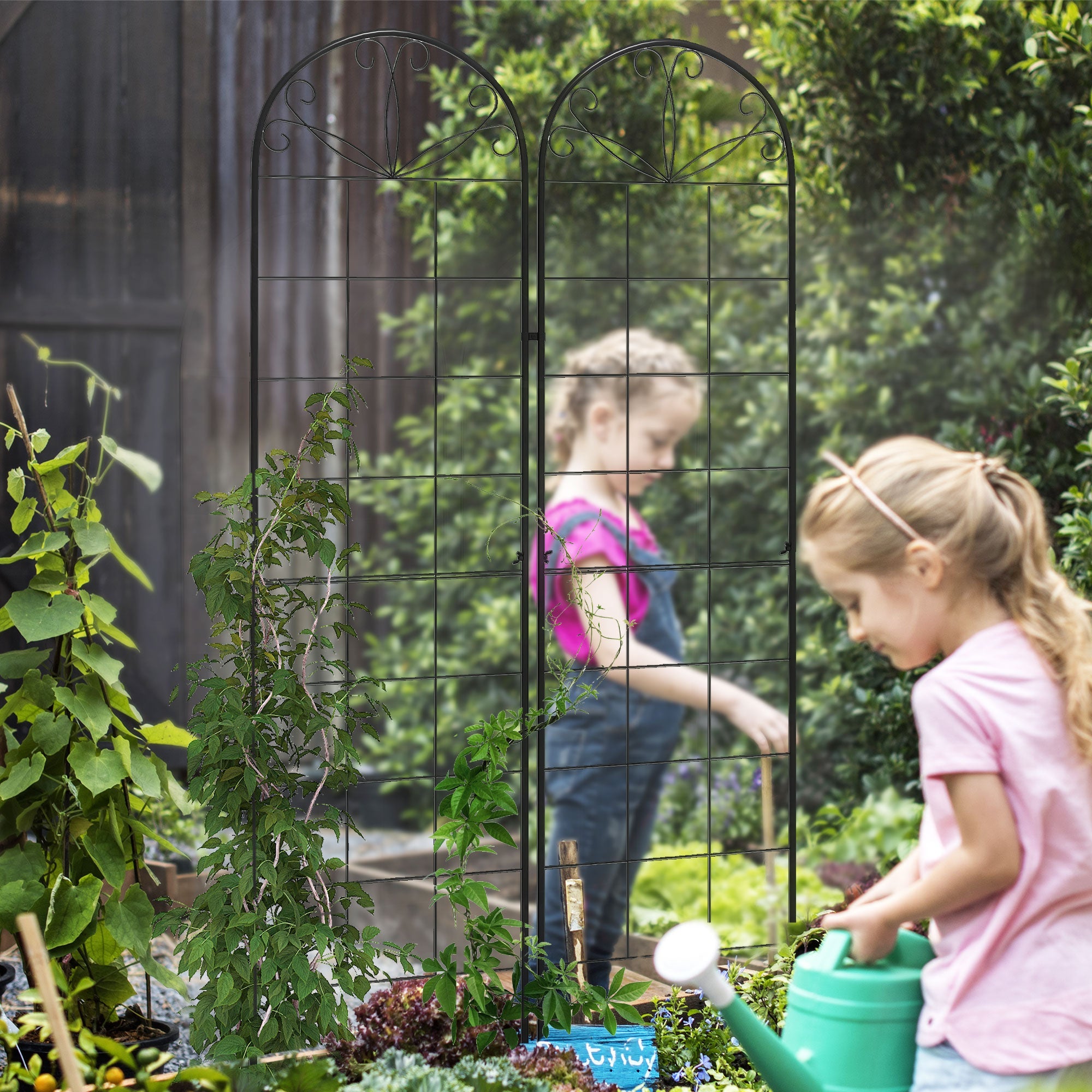 Outsunny 2 Pcs Garden Trellis for Climbing Plants, Outdoor Metal Trellis Plant Support Trellises for Patio, Lawn, Backyard