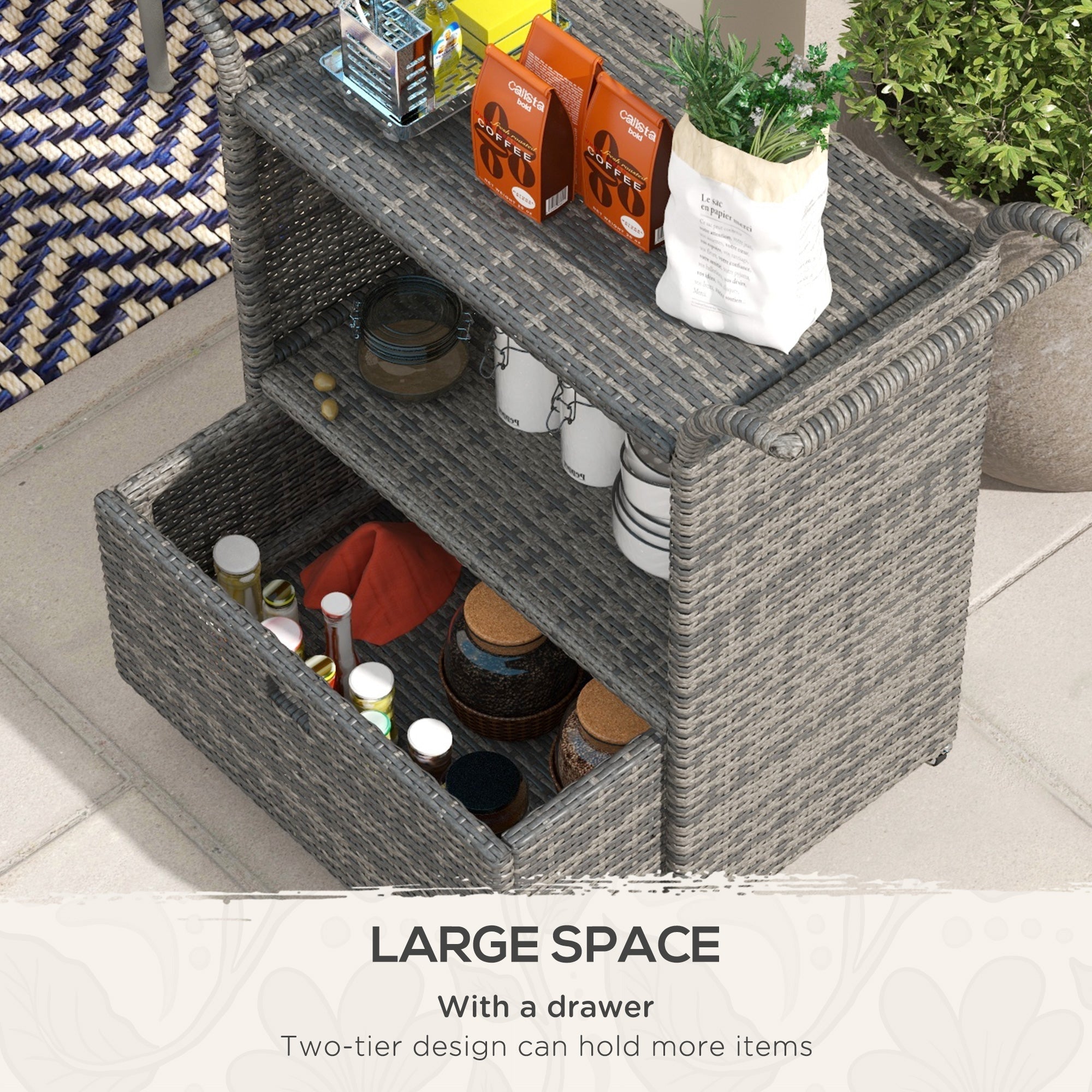 Outsunny Patio PE Wicker Garden Serving Cart 2-Tier Shelf Wheeled Rattan Food Cart with Handles for Poolside Grey
