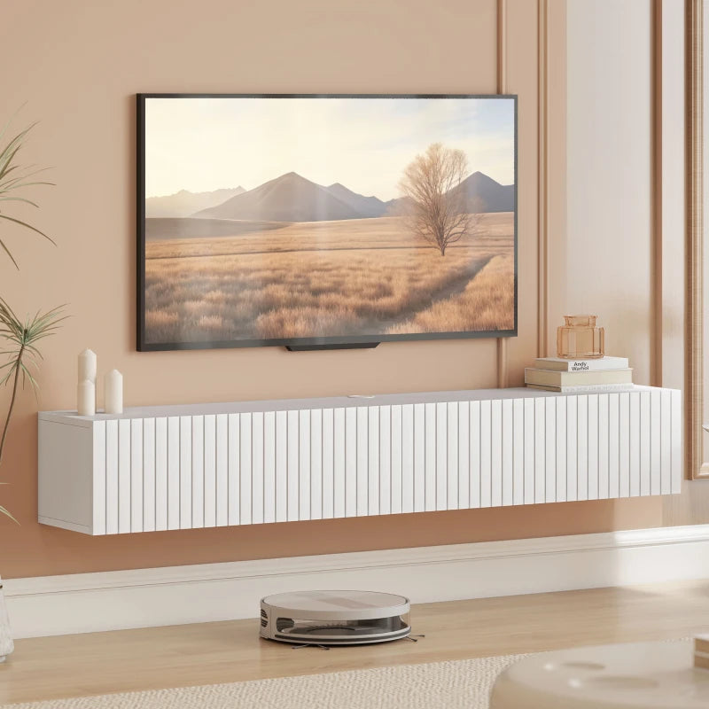 55" Floating TV Stand for TVs up to 72 Inch, Wall Mount Media Console with 2 Fluted Flip-Down Doors, Cable Hole, White