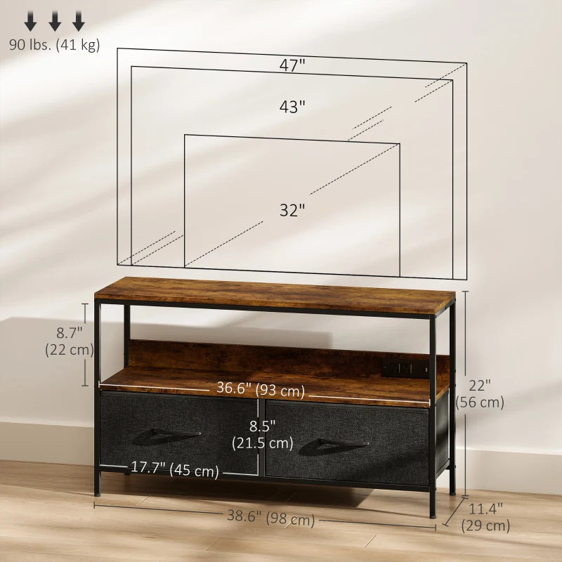 TV Stand with Charging Station, TV Table with 2 Foldable Linen Drawers and Open Shelf for 47 Inch TV, Rustic Brown