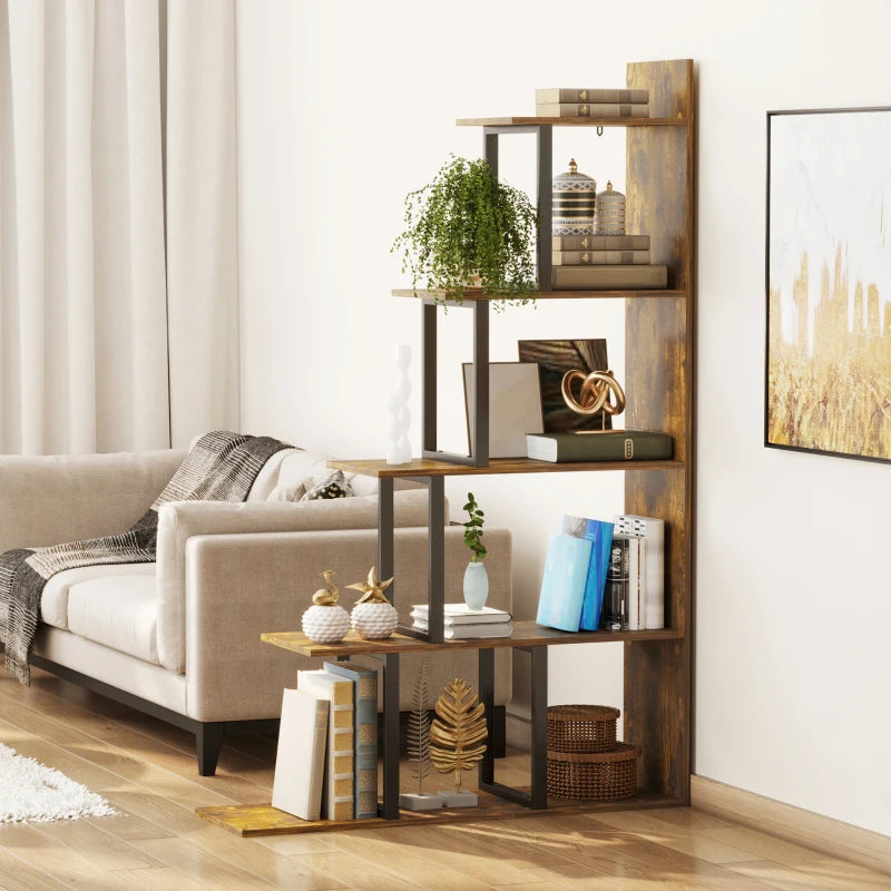 5-Tier Ladder Bookshelf, Wooden Ladder Bookshelf, Display Stand Organizer for Living Room Indoor Corner Shelf - Rustic Brown