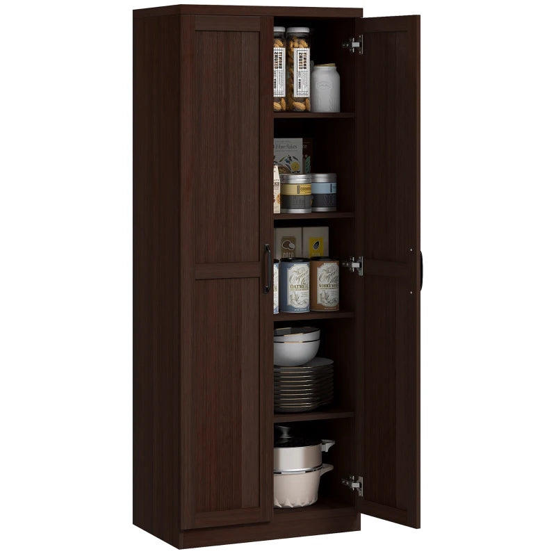 63" Kitchen Storage Cabinet, 5-tier Pantry Cabinet with Doors and Adjustable Shelves for Dining Room, Dark Brown