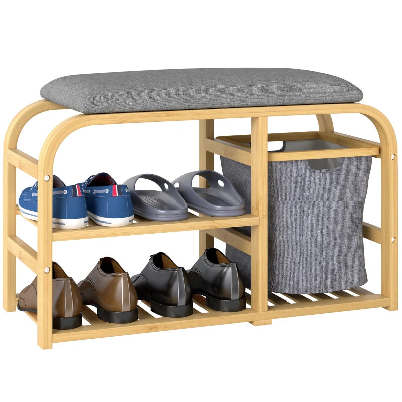 Bamboo Entryway Bench, Shoe Storage Bench with Cushion, Slat Shelves, Pull-Out Basket for Hallway, Entryway, Nature Wood
