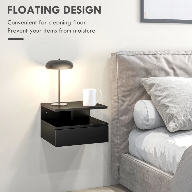 Floating Nightstand Set of 2, Wall Mounted Bedside Table with Drawer and Shelf, Small Night Stand for Bedroom, Black