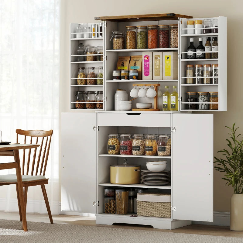 72" Kitchen Pantry Cabinet, Farmhouse Storage Cabinet with 4 Doors, Drawer, 8 Door Shelves and Adjustable Shelf, White