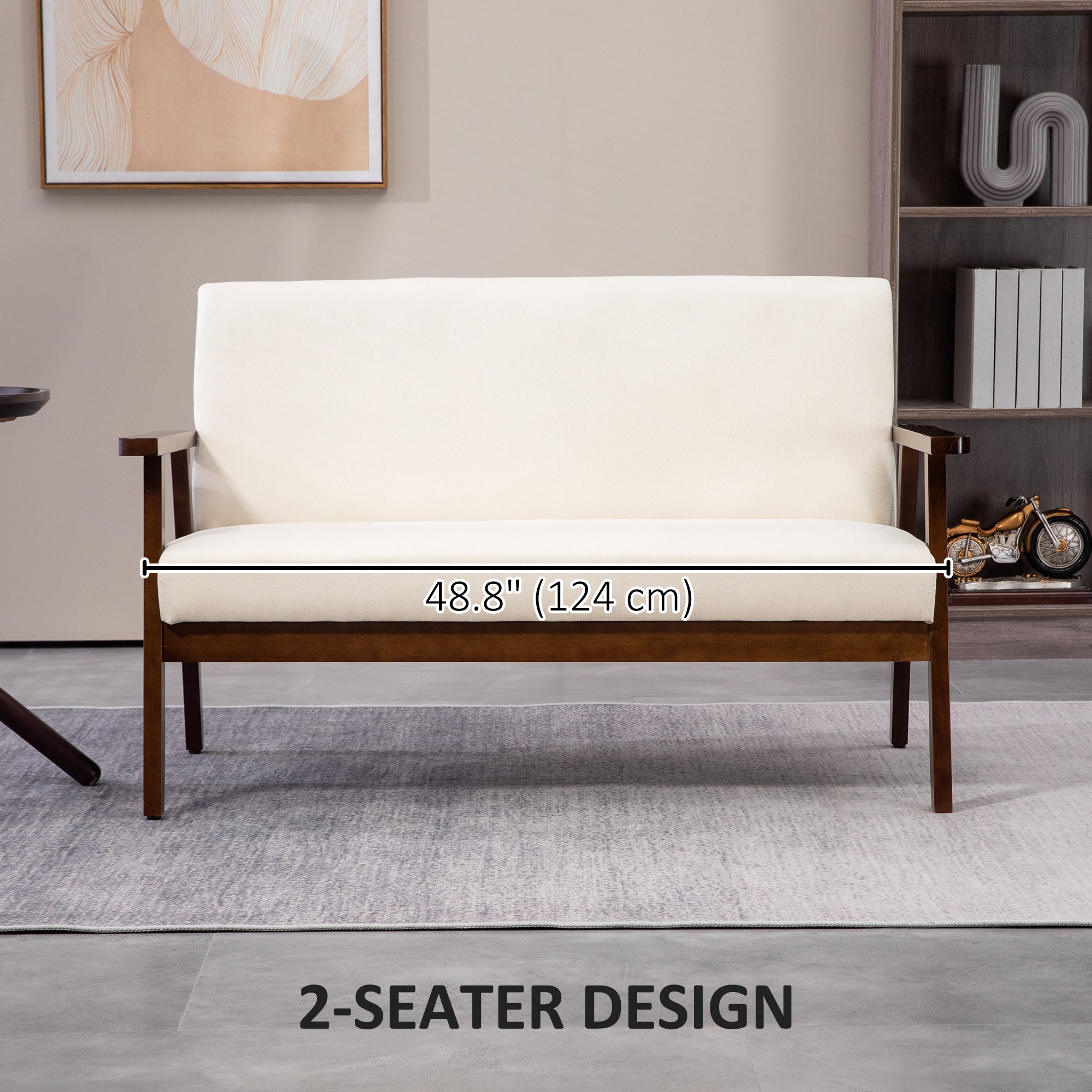 HOMCOM Compact Loveseat Sofa Couch Linen Fabric Double Seat Sofa with Rubber Wood Legs Cream White