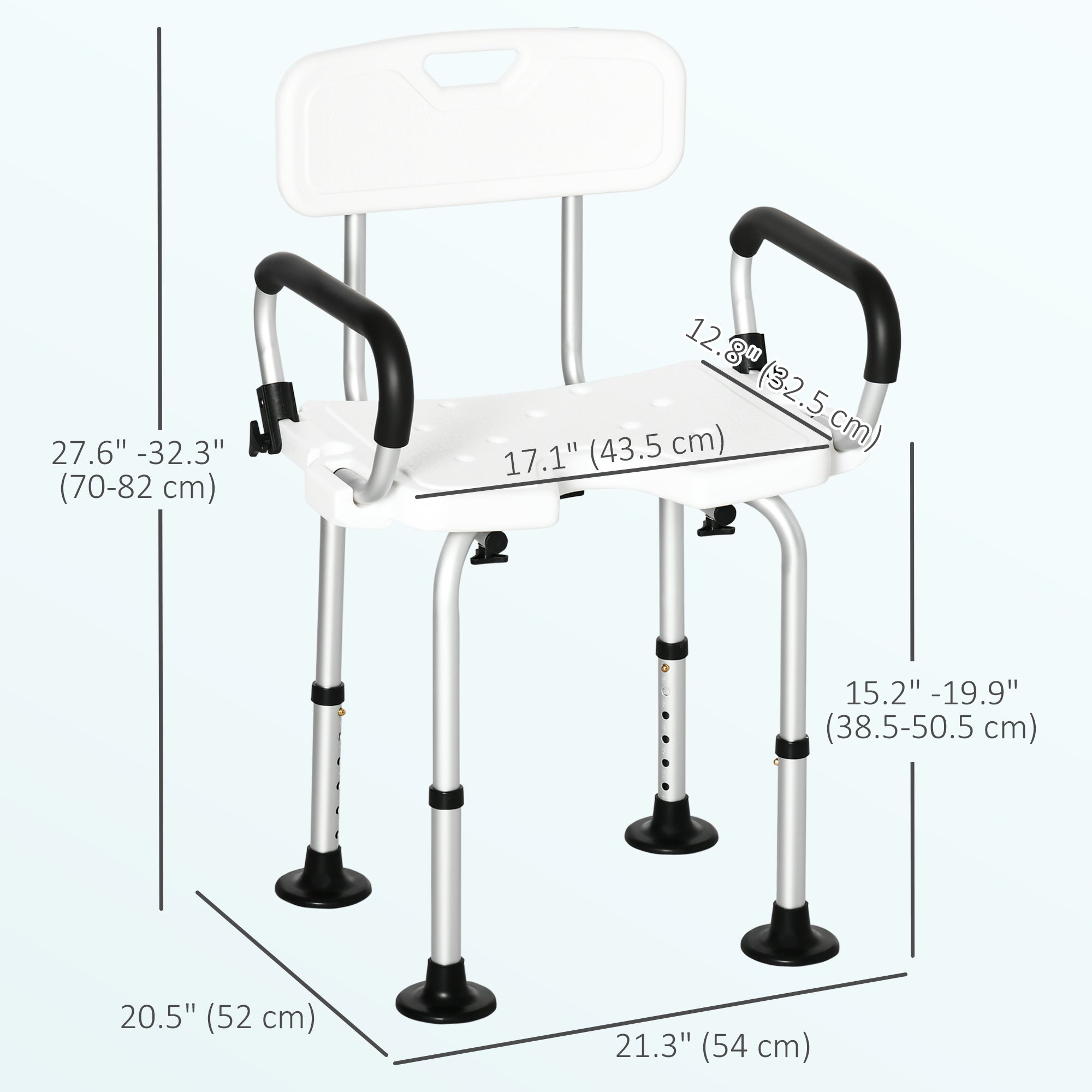 HOMCOM Shower Chair with Arms and Back, Bath Seat with Adjustable Height, Anti-slip Shower Bench for Seniors and Disabled, Tool-Free