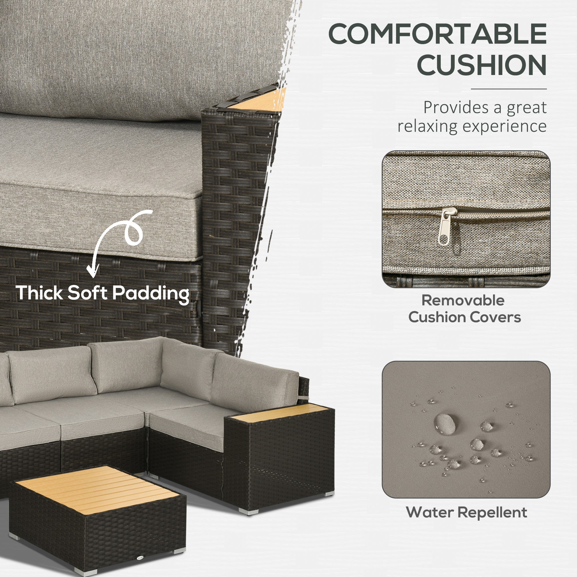 Outsunny 6-Piece Brown Rattan Outdoor Patio Furniture Set, Corner Sofa with Wood-Plastic Coffee Table, Cushions