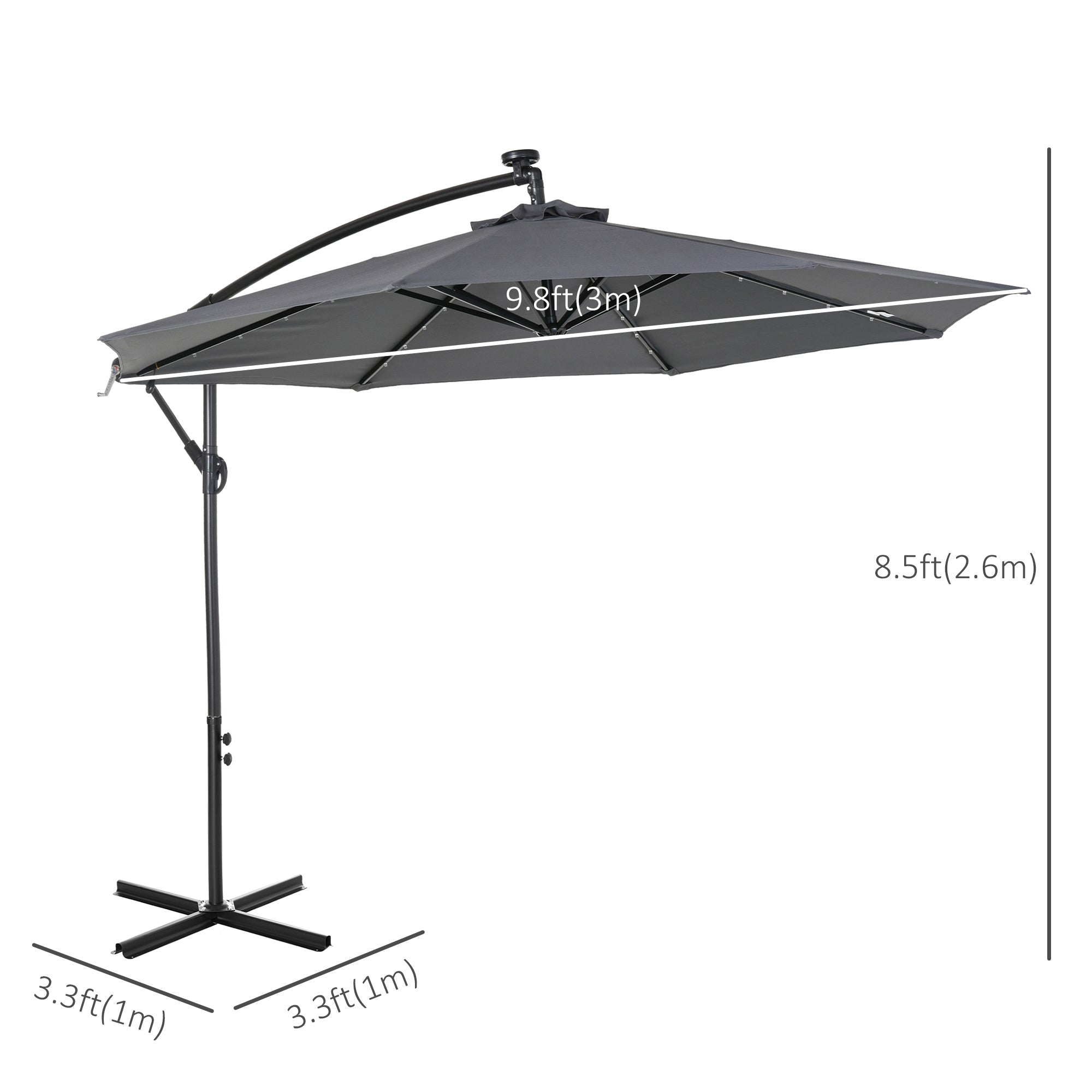 Outsunny 10ft Outdoor Cantilever Umbrella with Solar Lights Banana Adjustable Angle for Patio Backyard Dark Gray