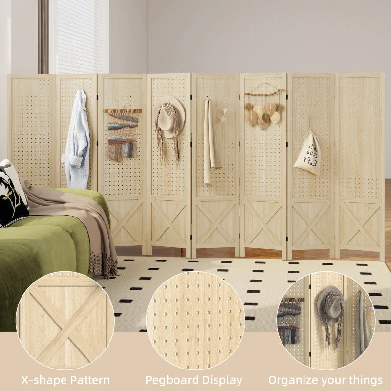Wooden Room Divider with Pegboard Display, 8 Panel Folding Privacy Screen for Home Office, Natural Wood