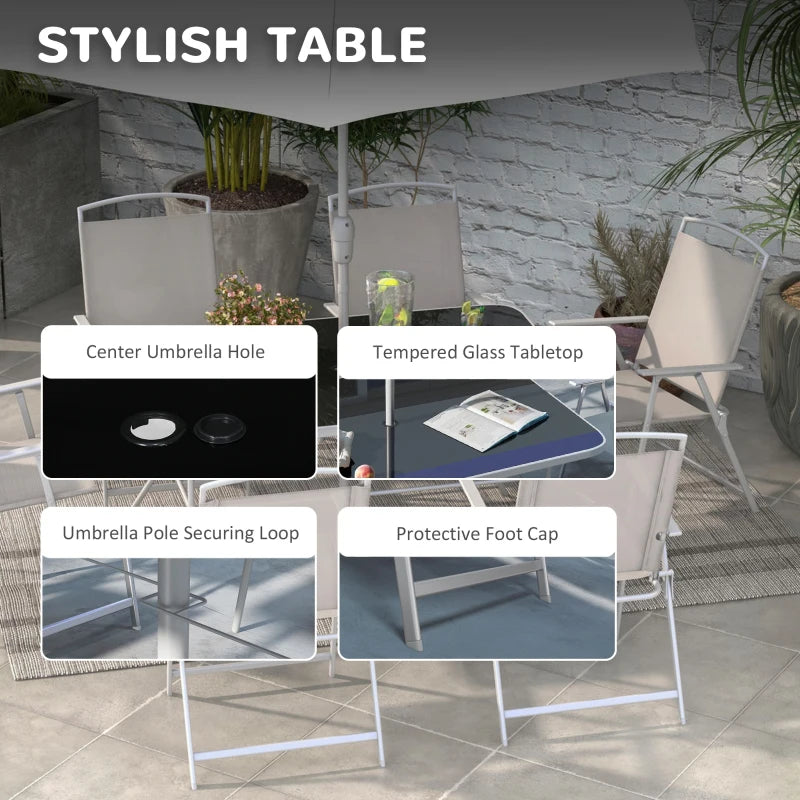 8 Piece Patio Set with Umbrella, 6 Folding Chairs, Rectangle Table, Outdoor Dining Set for 6 with Mesh Seat, Grey