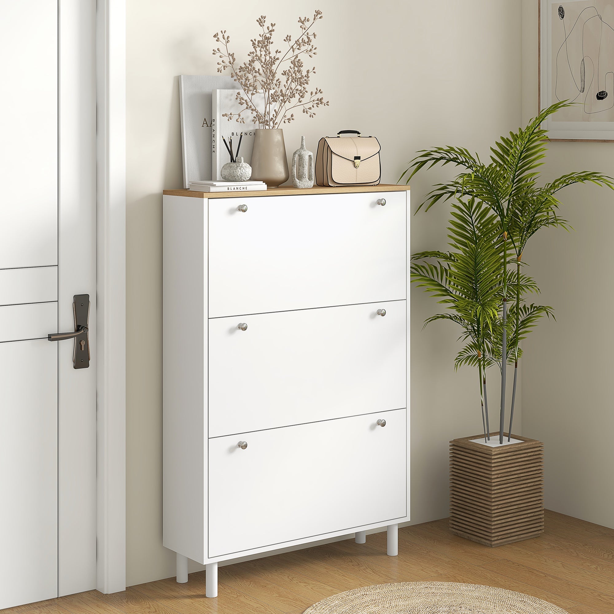 HOMCOM Narrow Shoe Storage Cabinet 3 Flip Drawers Adjustable Shelves Organizer for 24 Pairs White
