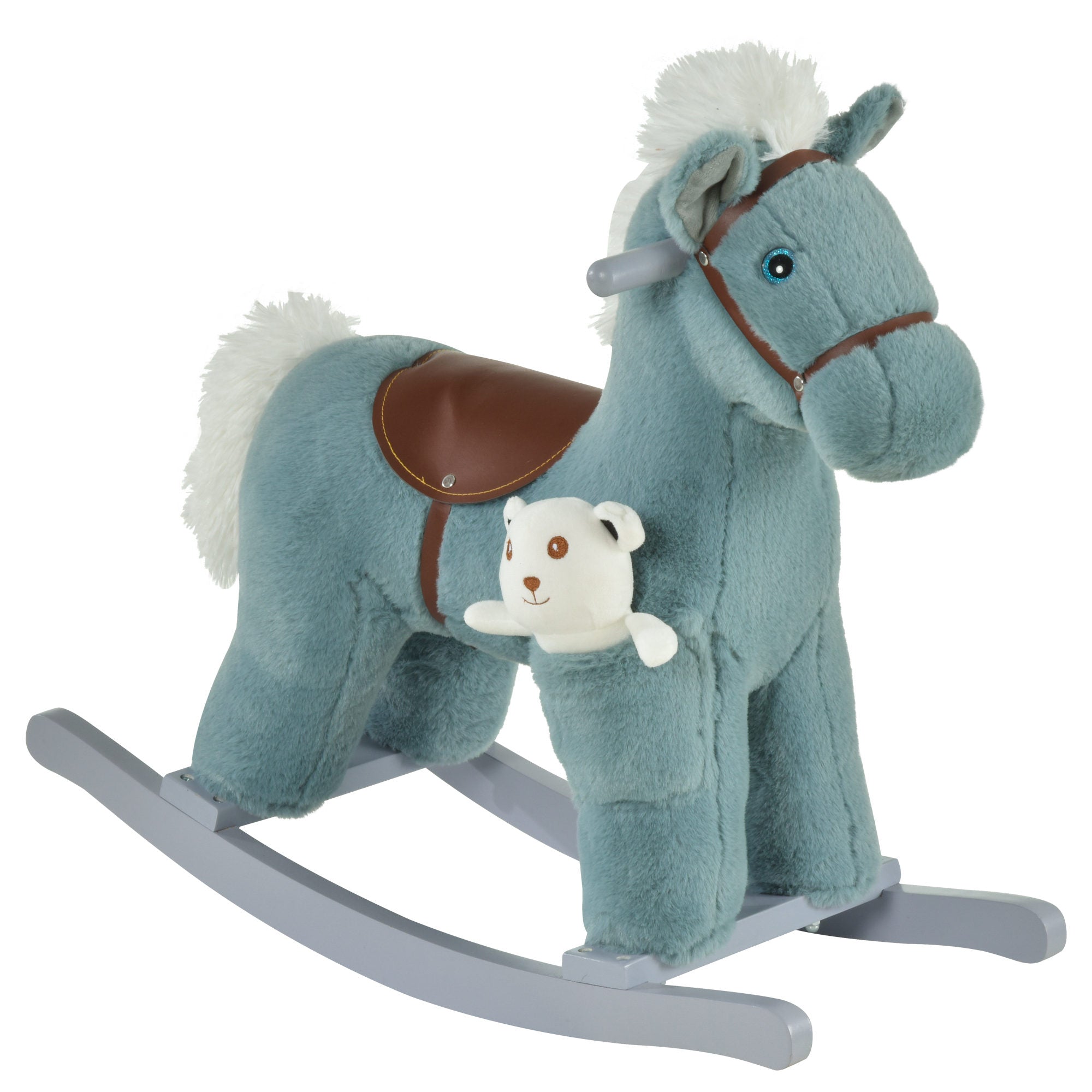 Qaba Toddler Rocking Horse - Blue Plush Ride-On Toy with Bear and Realistic Sounds for Kids 18-36 Months