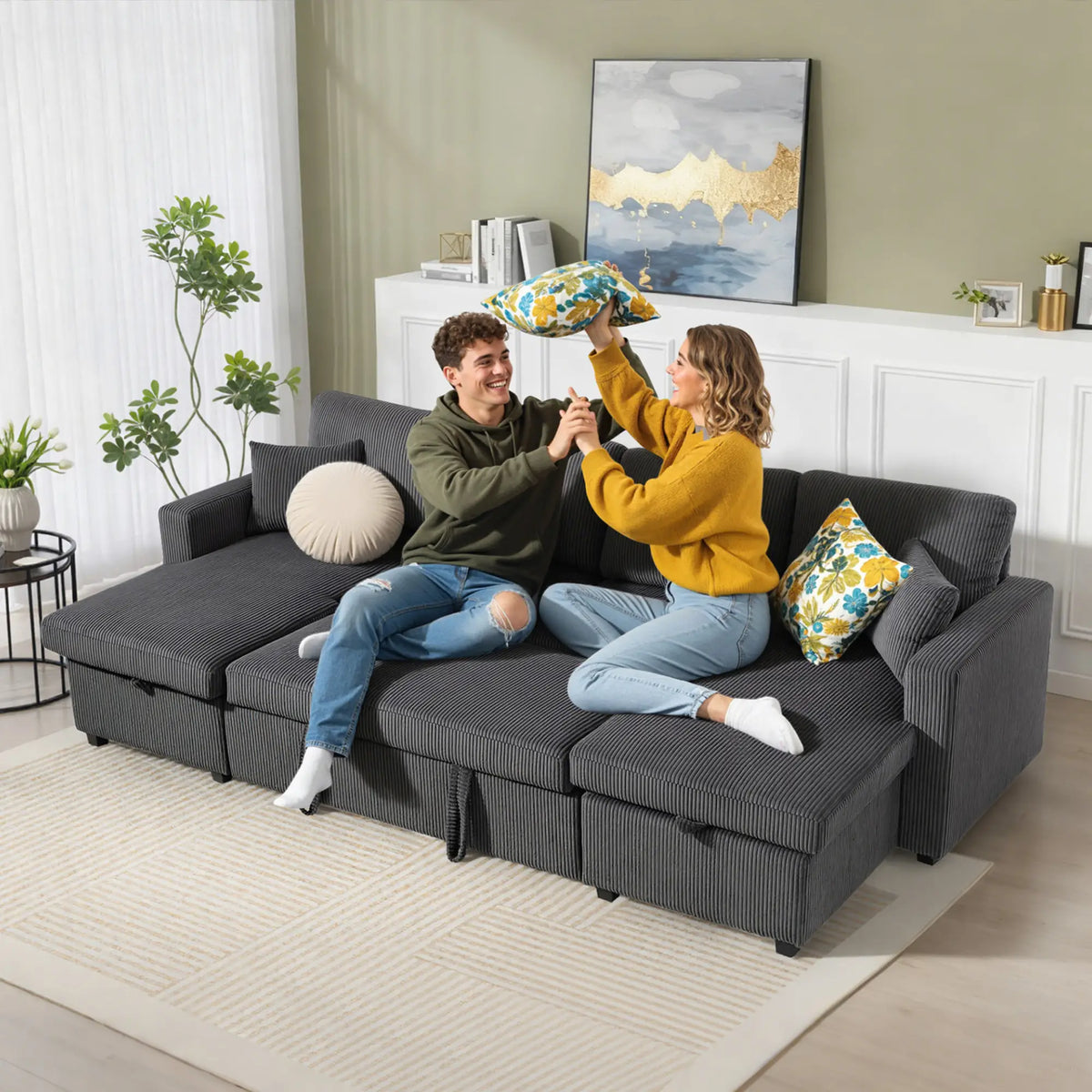 U-Shaped Pull-Out Sofa Bed with Dual Storage Chaise, Corduroy Sleeper Couch with Pillows, Dark Grey