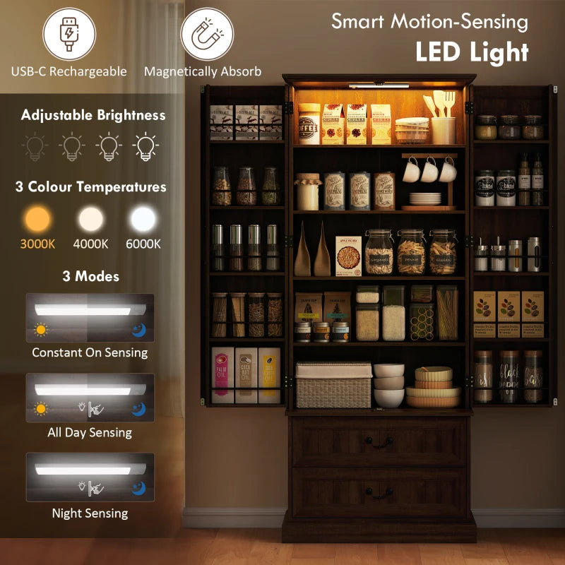 72" LED Kitchen Pantry Cabinet, Buffet Storage Cabinet with 10 Door Shelves, 2 Drawers and Adjustable Shelves, Brown