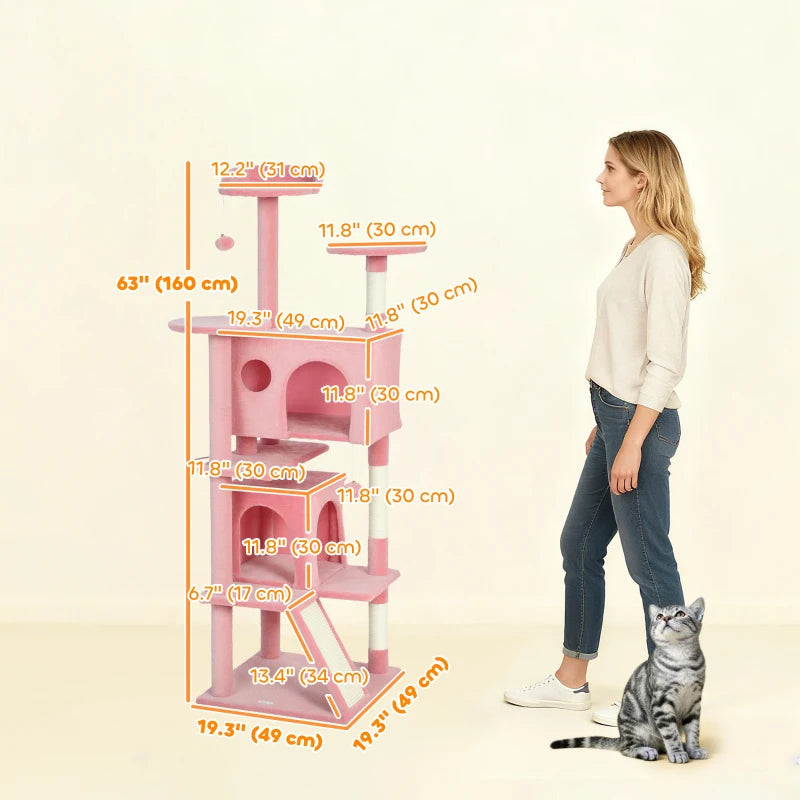 63" Cat Tree, Multi-Level Cat Tower with Scratching Posts, Cat Condos, Bed, Platforms, Ramp, Toy Ball, Pink