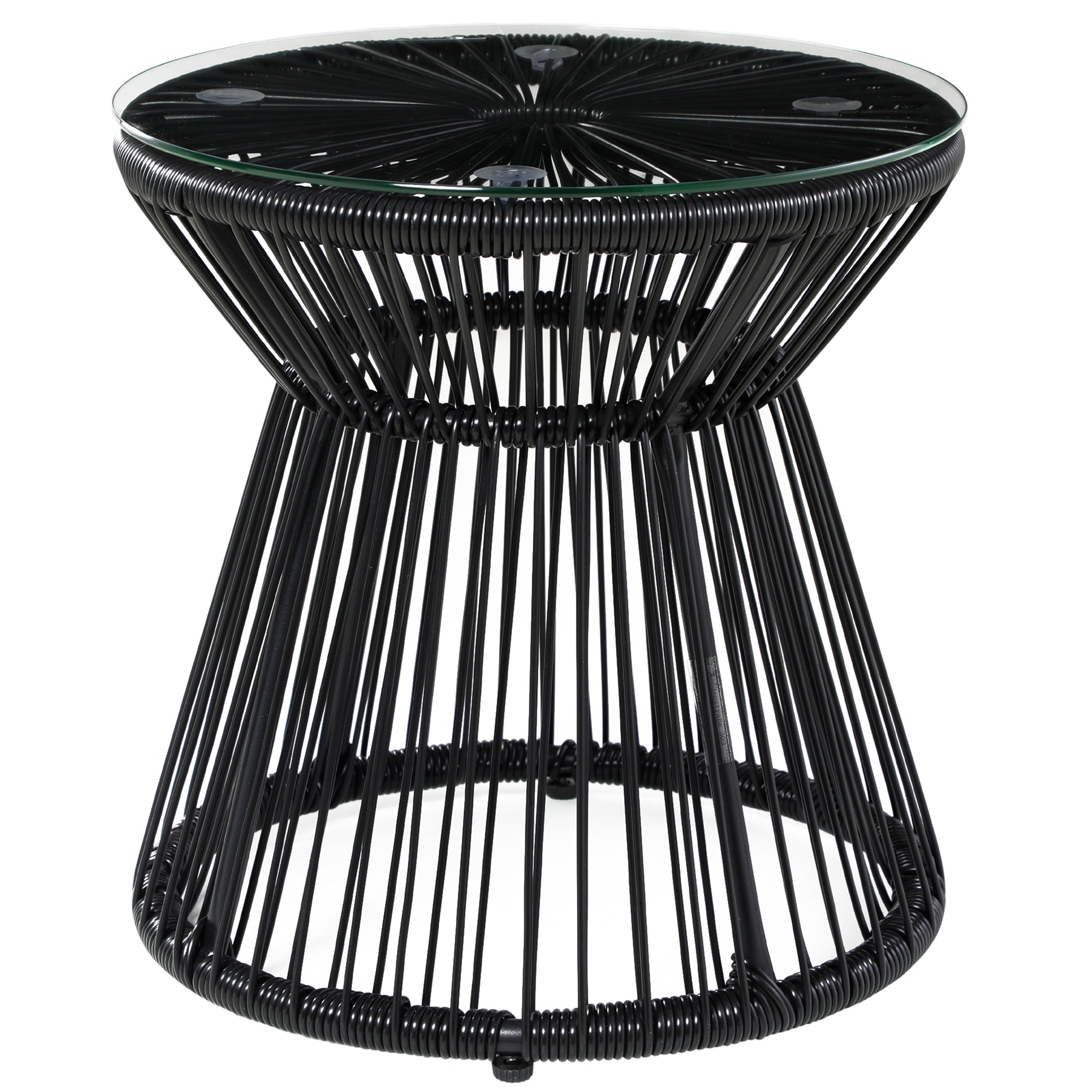 Outsunny Rattan Round End Table Modern Side Table with Glass Top, Hollow Drum Design for Patio, Garden, Balcony in Black